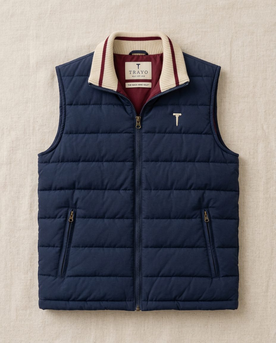The Back Nine Gilet navy quilted golf gilet with a cream and burgundy striped knit collar and zip pockets