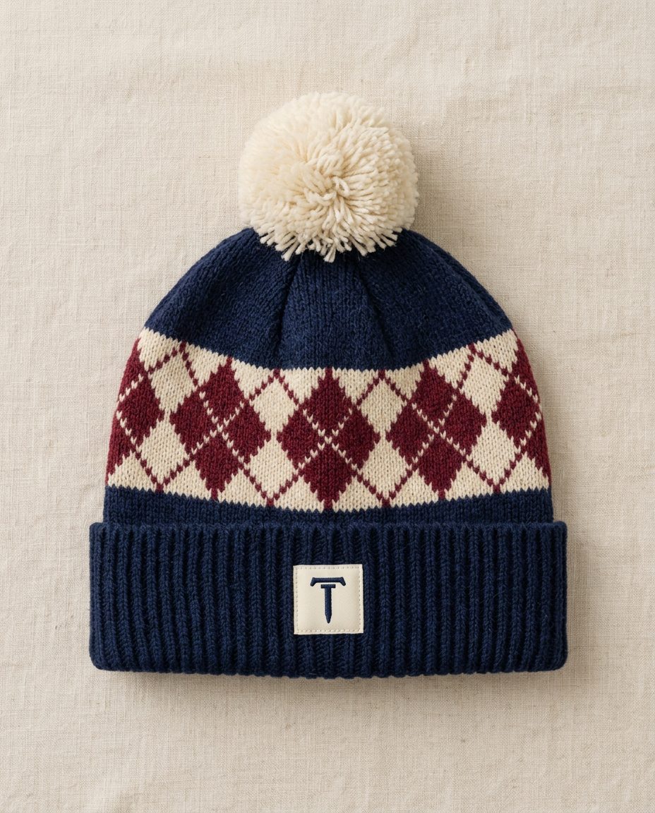 The Clubhouse Bobble navy golf bobble hat with a cream pom-pom and a cream and burgundy argyle band