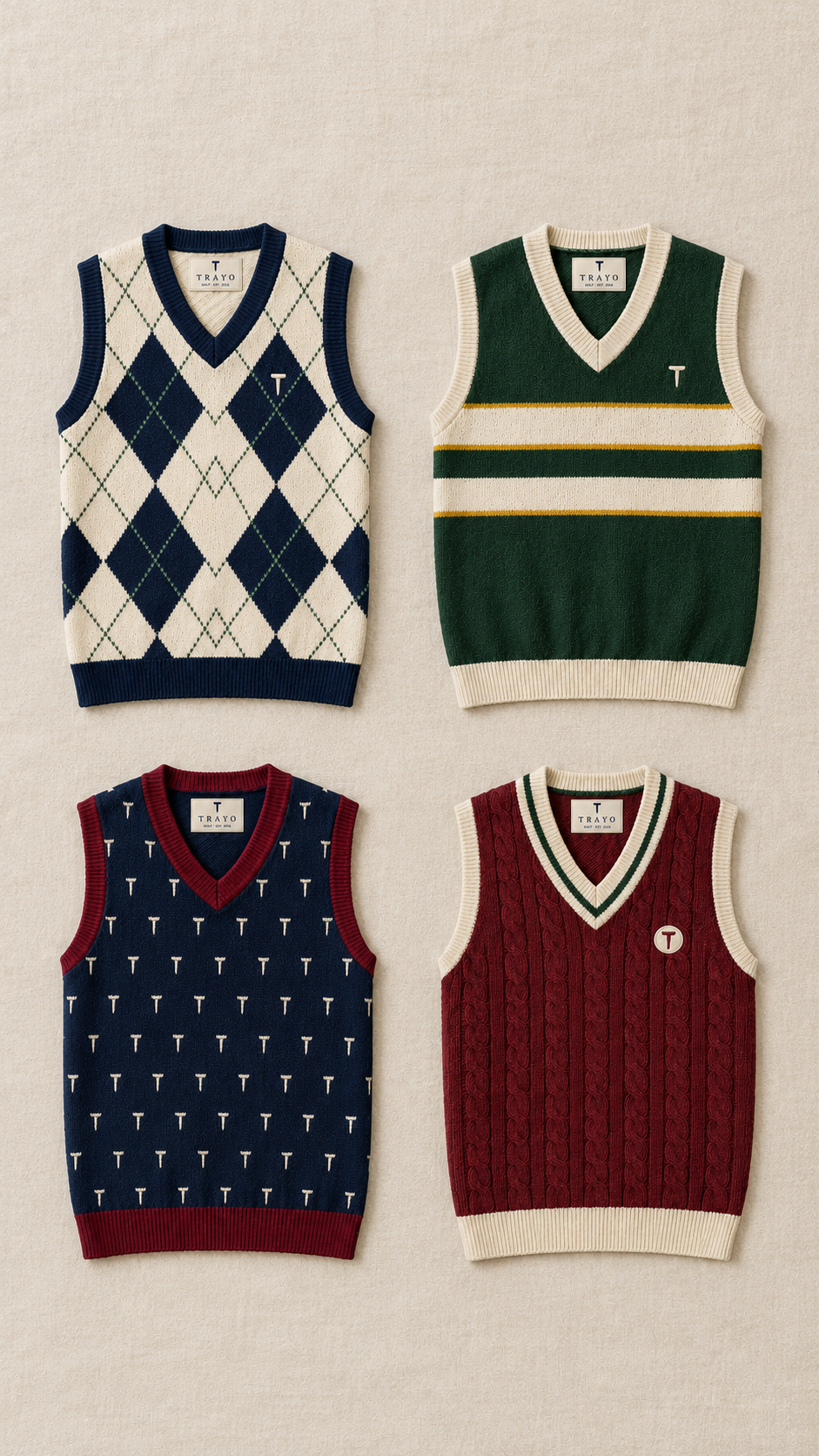 The four Trayo Drop 01 golf sweater vests laid flat: cream argyle, forest green with chest stripes, navy T jacquard and burgundy cable knit.