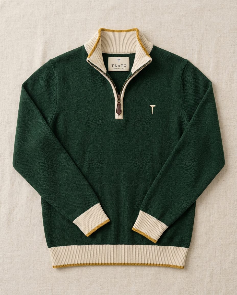 The Fescue Quarter-Zip forest green knitted golf quarter zip with cream collar, cuffs and hem, gold tipping and an antique brass zip