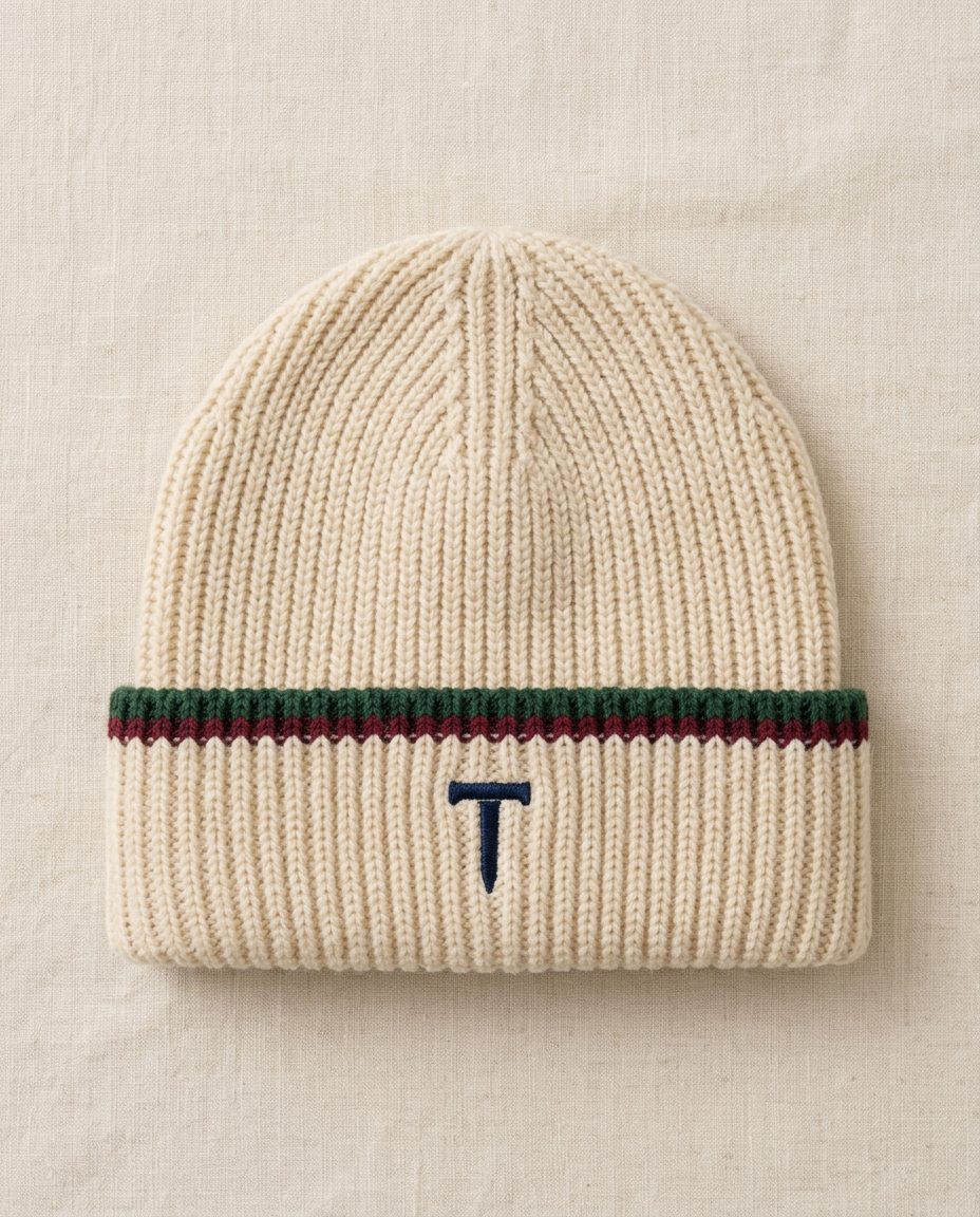 The Links Beanie cream ribbed golf beanie with a green and burgundy cuff stripe and a navy T logo