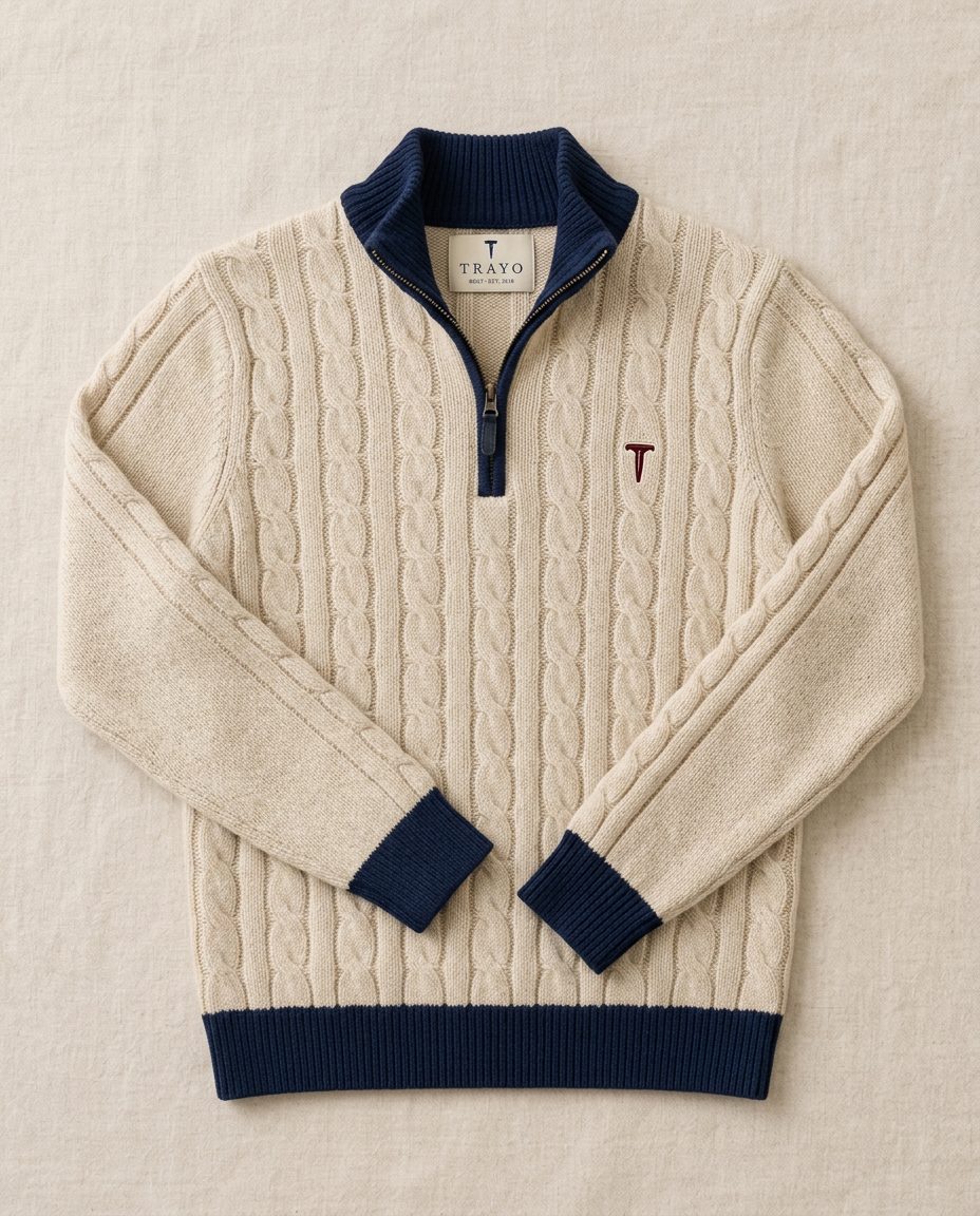 The Old Course Cable Quarter-Zip oatmeal cable knit golf quarter zip with navy collar, cuffs and hem and a burgundy T logo