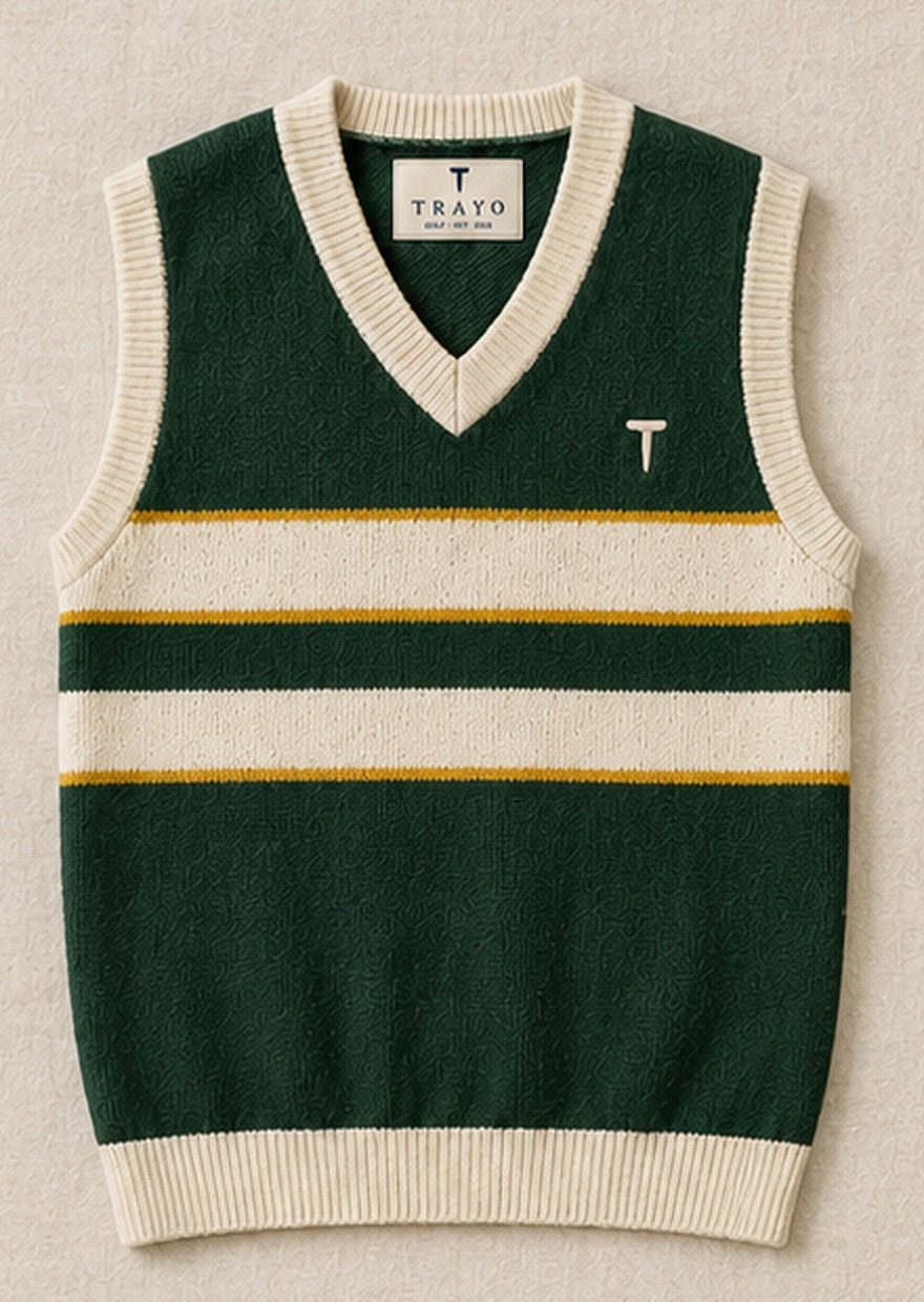 The Fescue Stripe forest green striped golf sweater vest with cream chest stripes and a gold pinline