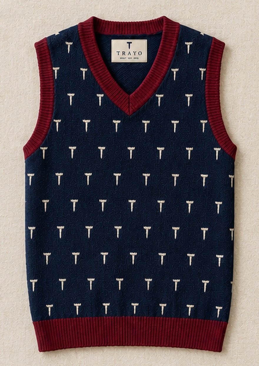 The Tee Box navy T jacquard golf sweater vest with burgundy trim